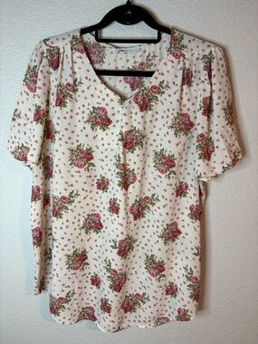 DR2 Cream Blouse with Pink Rose Print